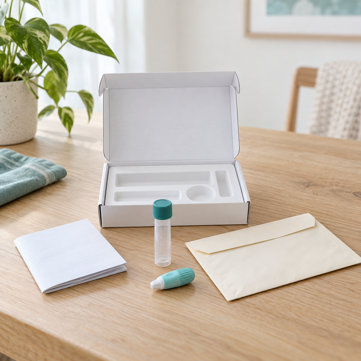 An unbranded home sample collection kit and return envelope