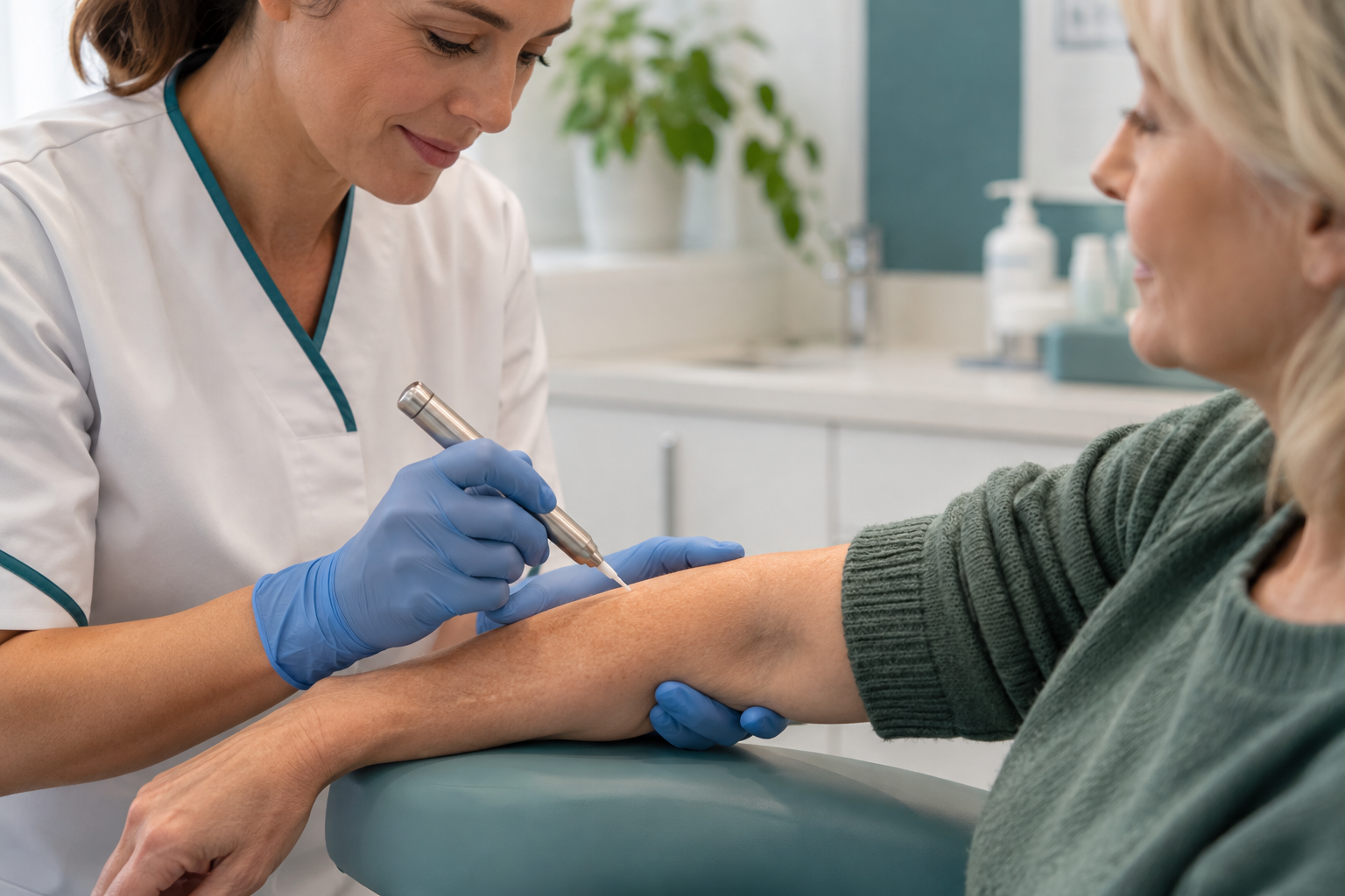 Illustrative cryotherapy applicator held above a patient's forearm