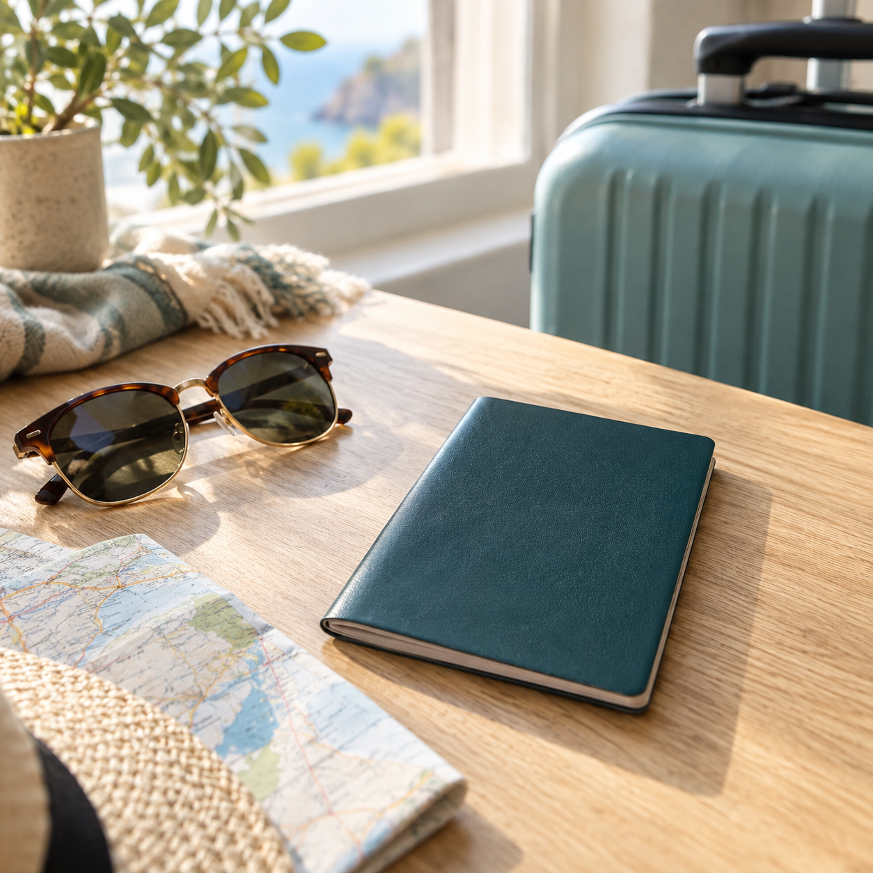 Travel documents, sunglasses and a suitcase ready for a trip