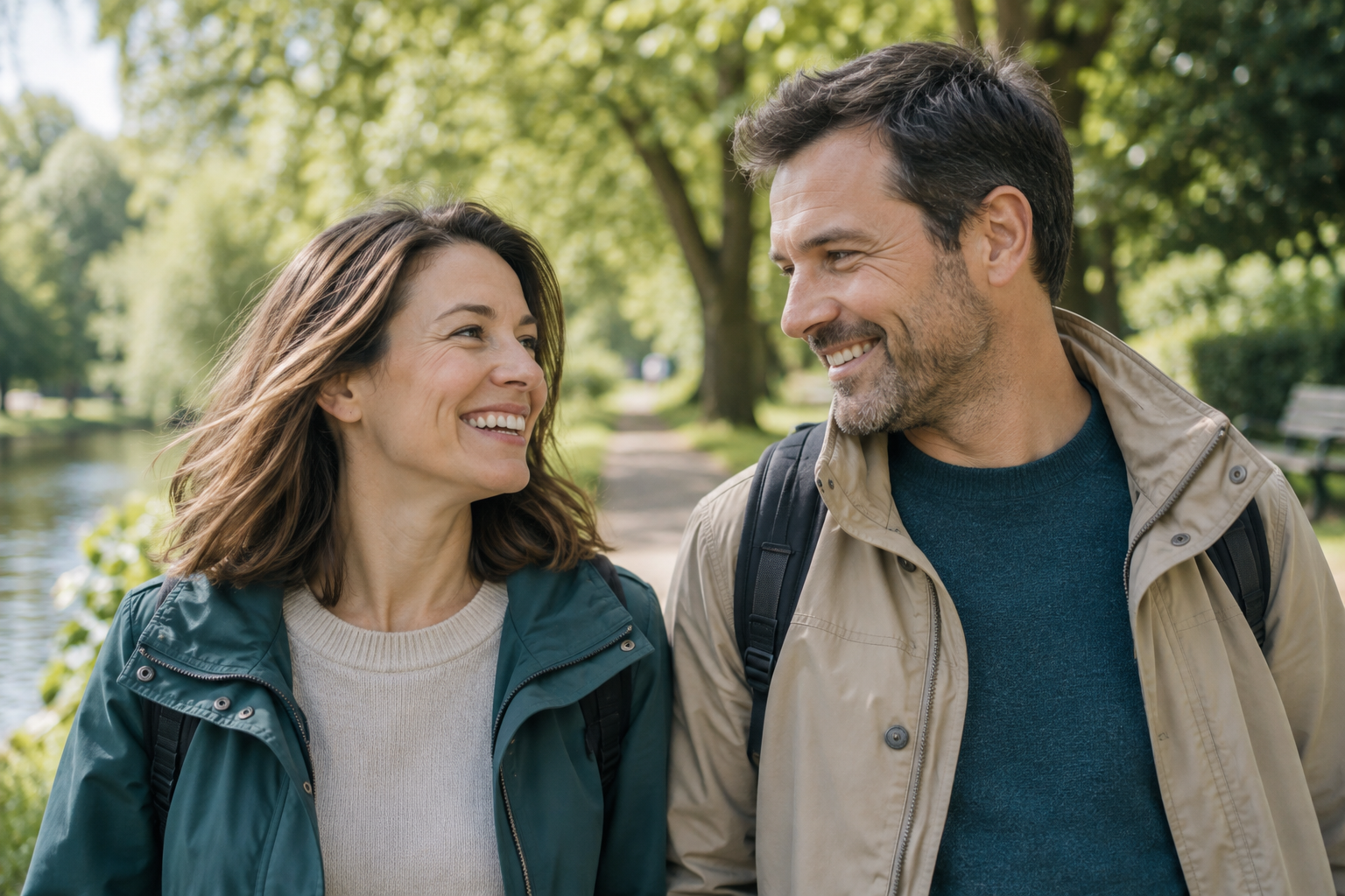 Two adults enjoying a relaxed walk in a leafy park